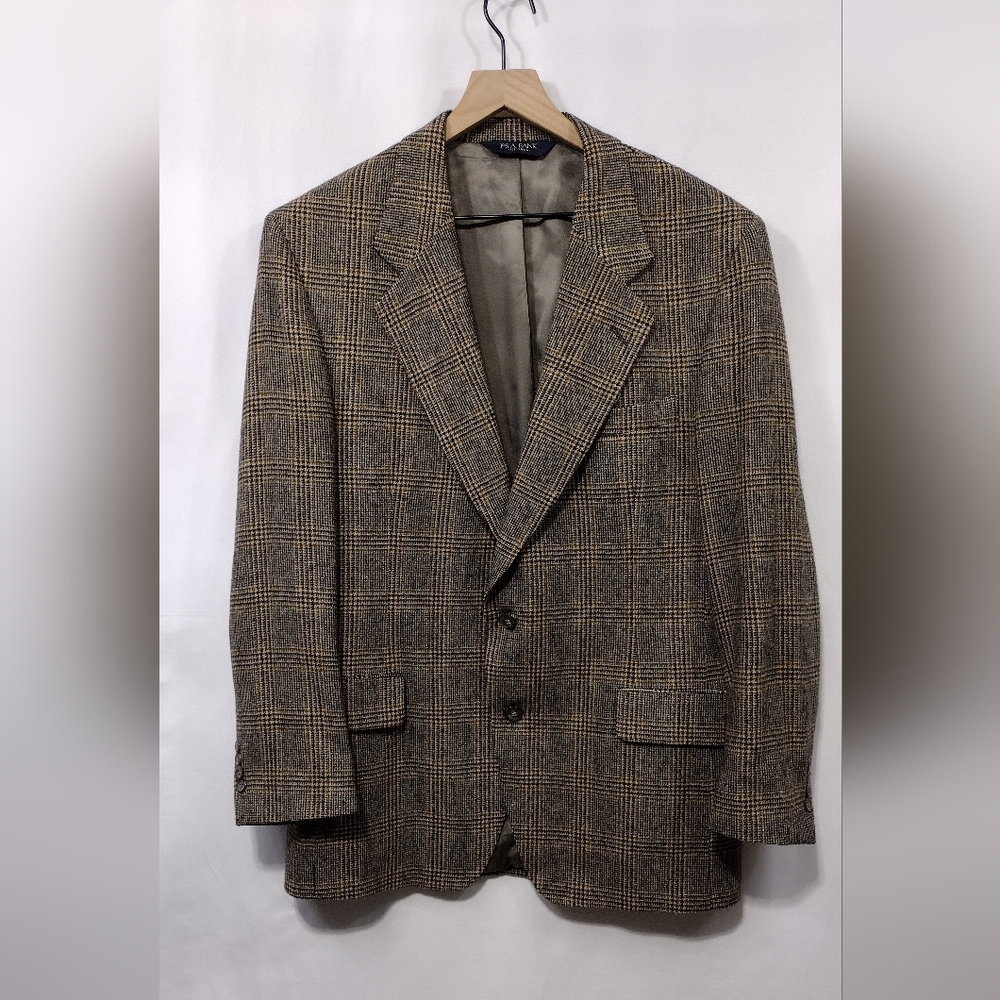 Jos A Bank 100% Camel Hair Plaid Blazer Mens 42R Brown Office Career Retro